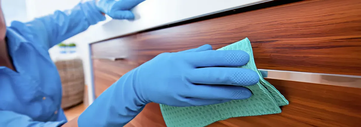Cleaner wearing blue gloves wiping a wooden cabinet drawer with a microfiber cloth for dust and grime removal, Omaha, NE.