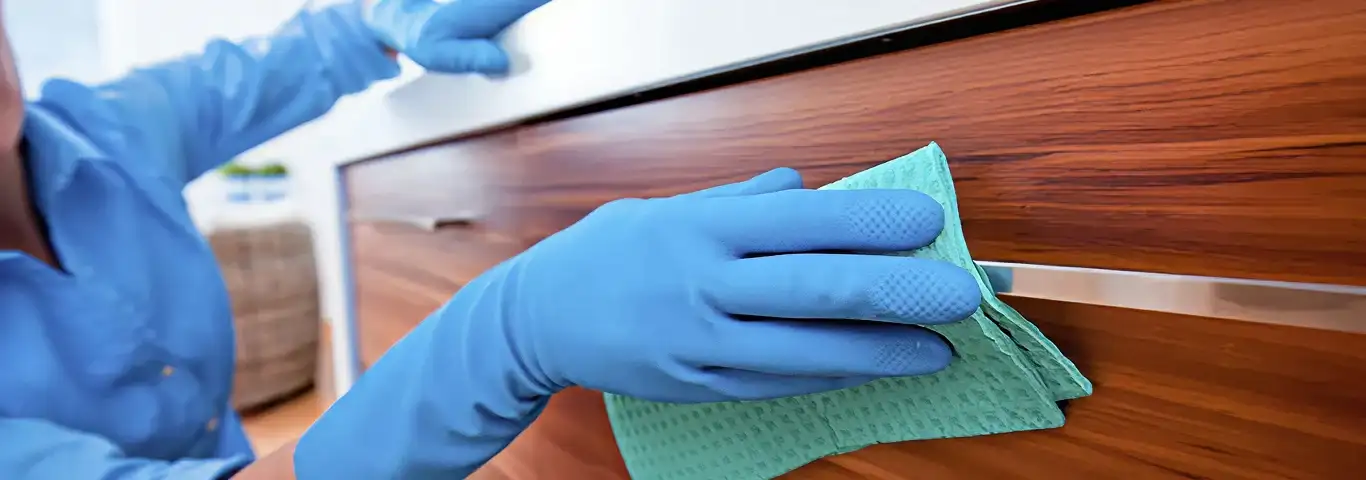 Cleaner wearing blue gloves wiping a wooden cabinet drawer with a microfiber cloth for dust and grime removal, Omaha, NE.