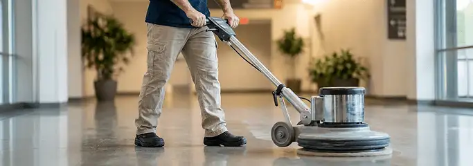 Professional technician using an industrial floor buffer to polish and maintain shiny commercial flooring in a corporate hallway in Omaha, NE.