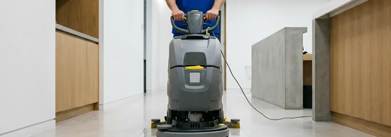 Janitorial staff using a floor scrubber machine to clean a commercial hallway, Omaha, NE.