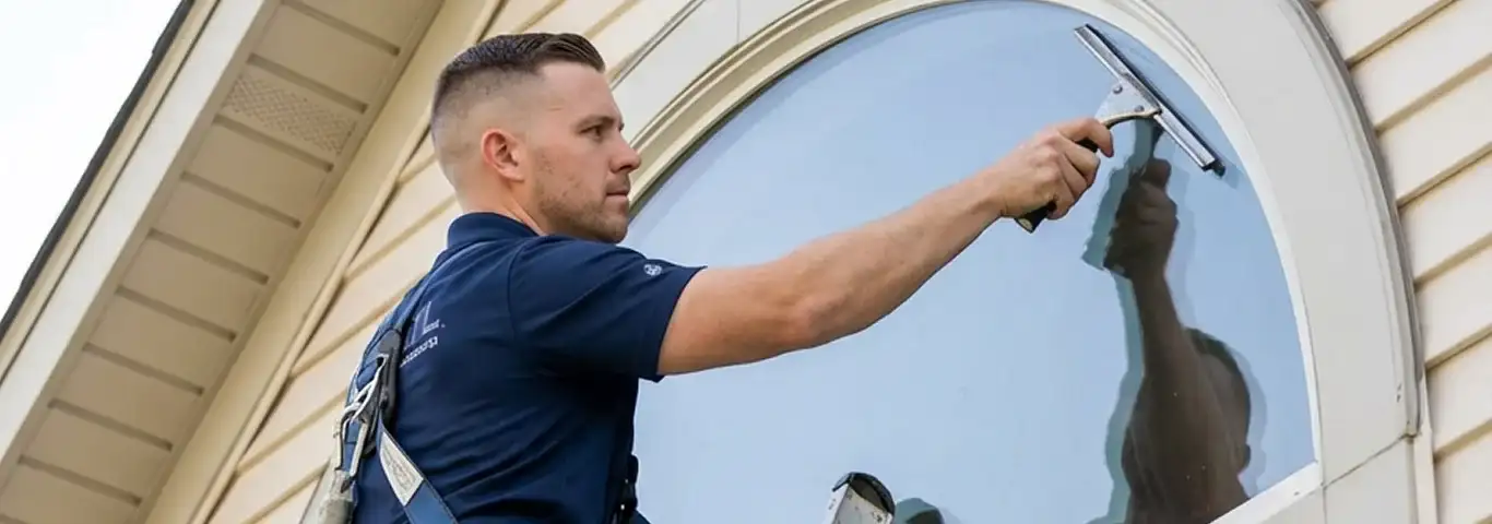 Professional window cleaner using a squeegee to clean an exterior arched window on a home, Omaha, NE.