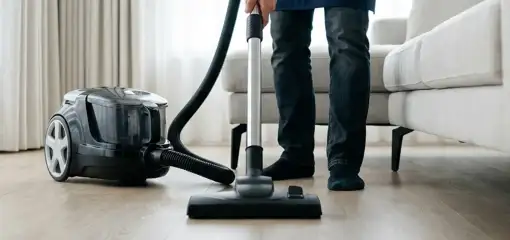Professional house cleaner vacuuming a living room floor with a canister vacuum cleaner, Omaha, NE.