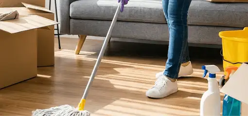 Move-out cleaning setup with a cleaner mopping hardwood floors near moving boxes and cleaning supplies, Omaha, NE.