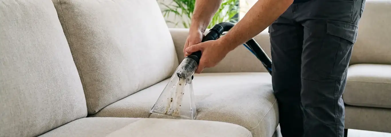 Technician extracting dirt and moisture from a fabric sofa with an upholstery cleaning wand, Omaha, NE.