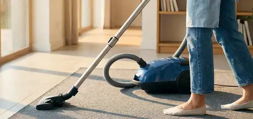 Person vacuuming a living room rug with a canister vacuum cleaner near large windows, Omaha, NE.